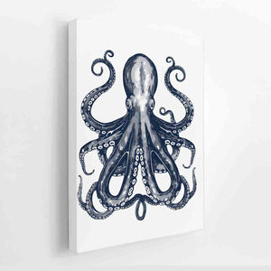 Navy octopus illustration wall art with curling tentacles for coastal bathroom decor.