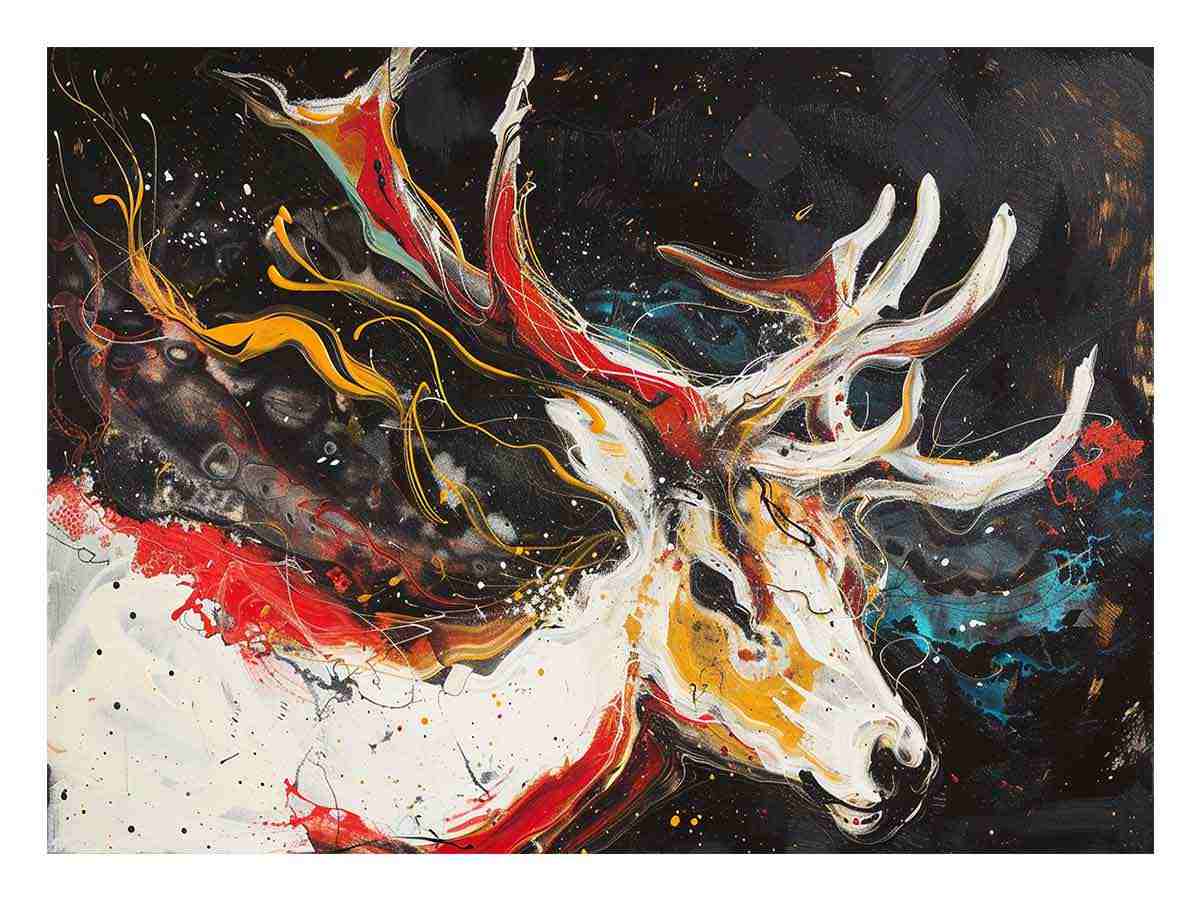 Abstract stag canvas art with dramatic antlers and bold red black white colors for living room decor.
