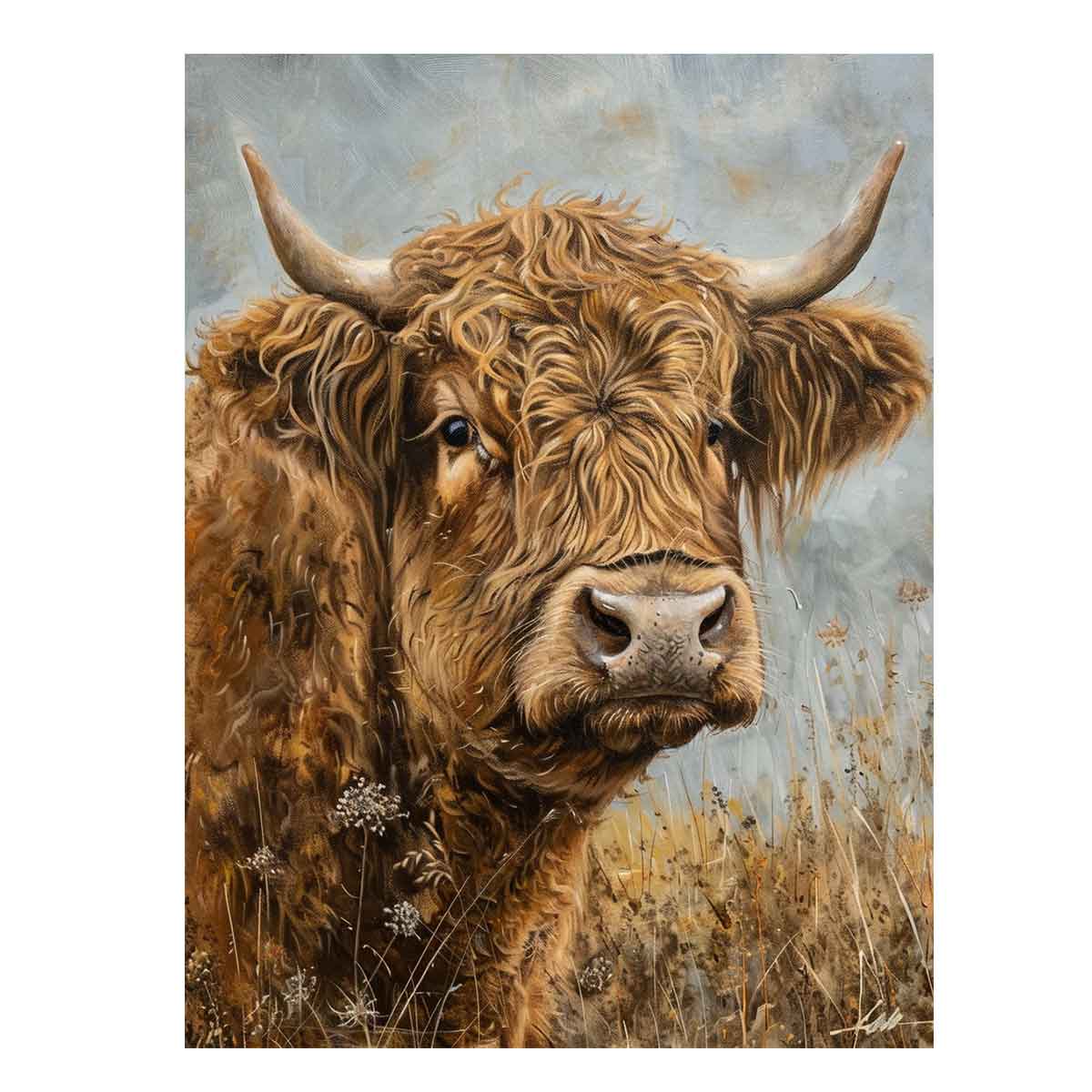 Rustic Highland cow canvas art with horns and meadow grass for farmhouse living room decor.