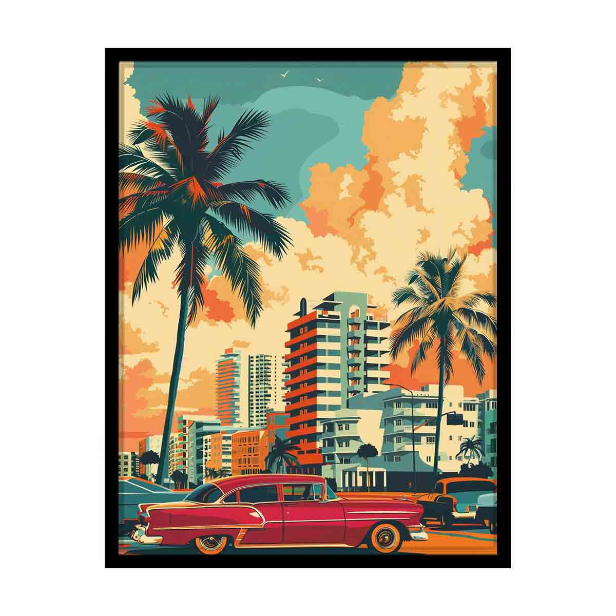 Retro tropical city wall art with palm trees, vintage car and pastel buildings for living room decor.