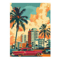 Retro tropical city wall art with palm trees, vintage car and pastel buildings for living room decor.