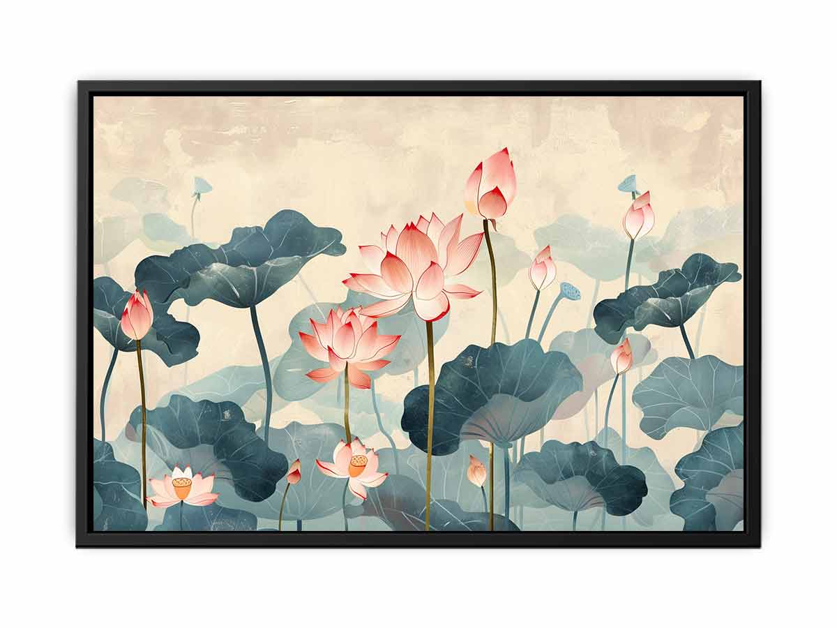Pink lotus wall art with blue green lily pads for peaceful bedroom decor.