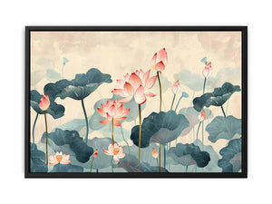 Pink lotus wall art with blue green lily pads for peaceful bedroom decor.