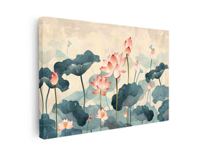 Pink lotus wall art with blue green lily pads for peaceful bedroom decor.