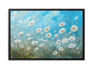 White daisy canvas print with blue sky and yellow centers for fresh bedroom decor.