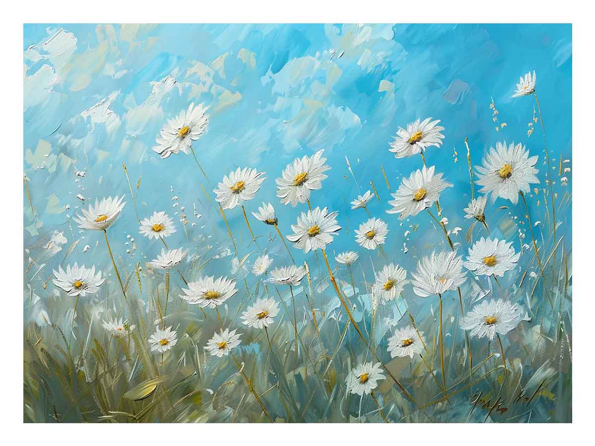 White daisy canvas print with blue sky and yellow centers for fresh bedroom decor.