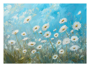White daisy canvas print with blue sky and yellow centers for fresh bedroom decor.
