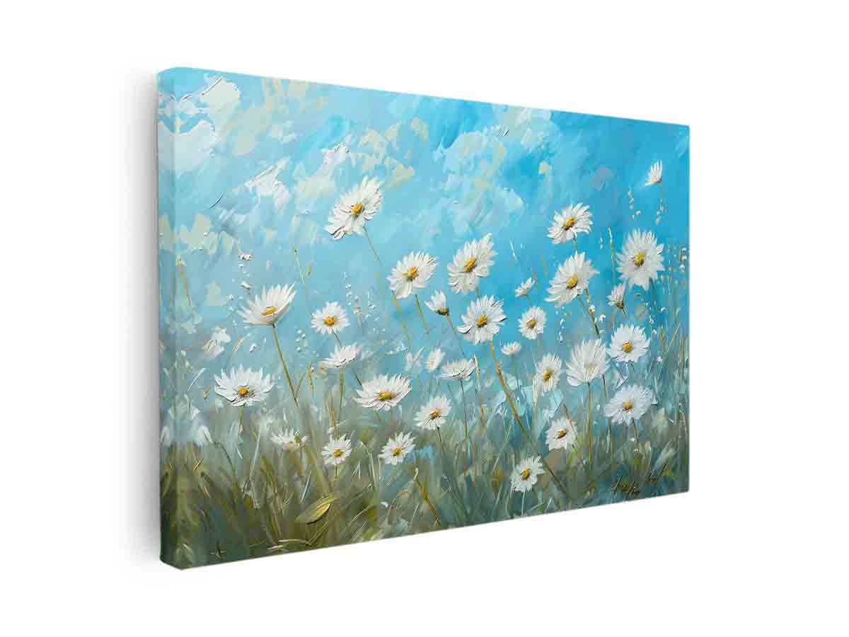 White daisy canvas print with blue sky and yellow centers for fresh bedroom decor.