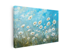 White daisy canvas print with blue sky and yellow centers for fresh bedroom decor.