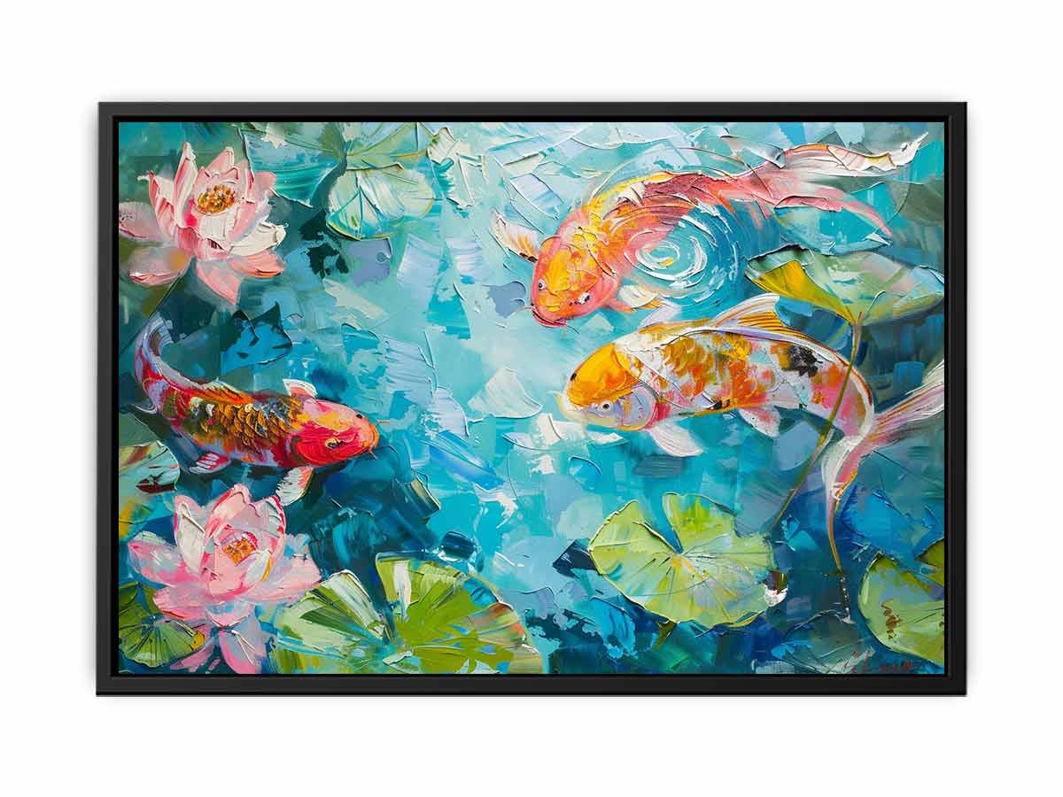 Colorful koi fish canvas print with pink lotus flowers and lily pads for living room decor.