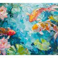 Colorful koi fish canvas print with pink lotus flowers and lily pads for living room decor.