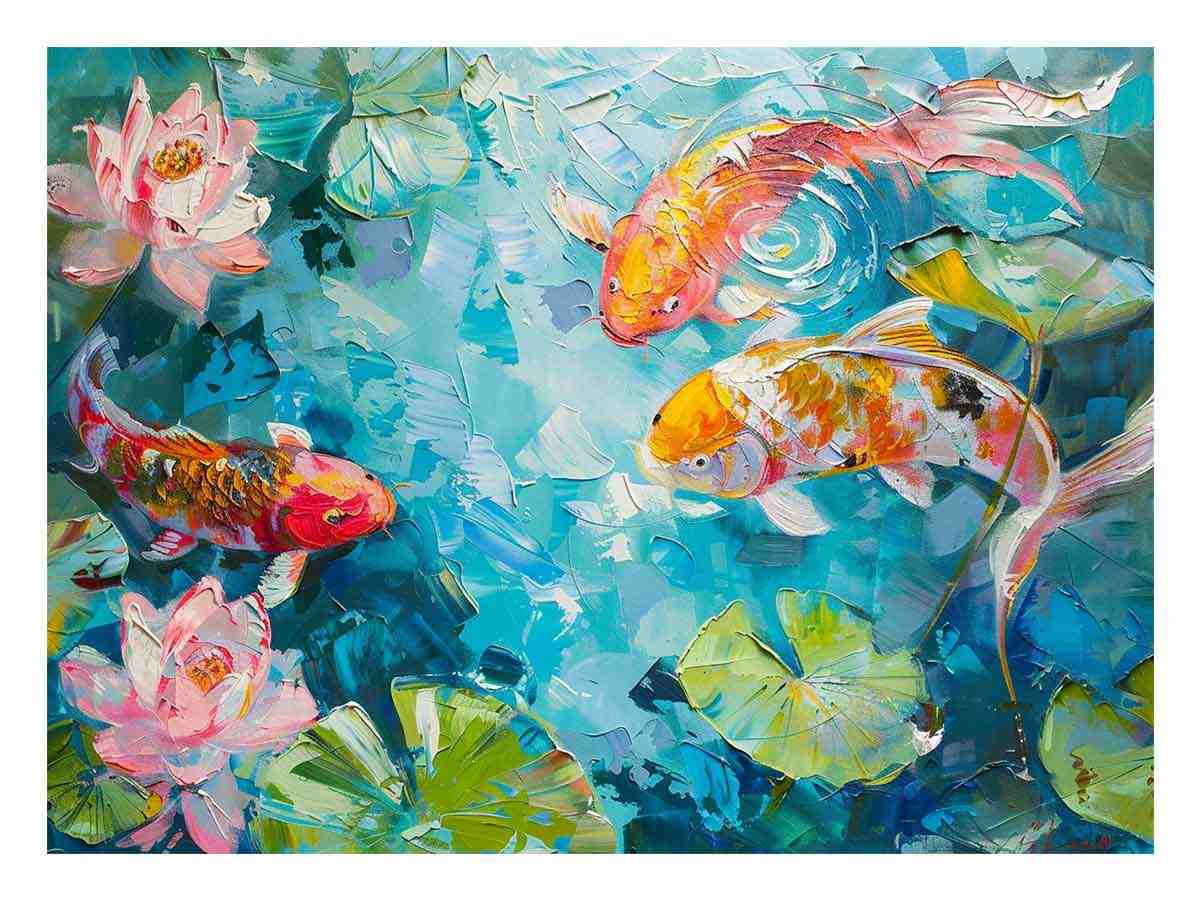 Colorful koi fish canvas print with pink lotus flowers and lily pads for living room decor.
