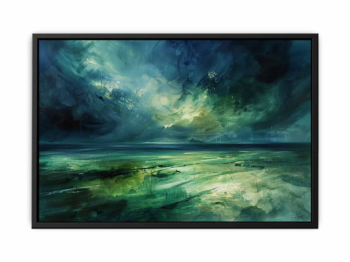 Moody green abstract landscape canvas art with stormy sky for modern living room decor.