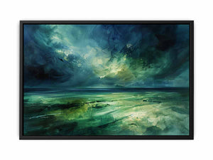 Moody green abstract landscape canvas art with stormy sky for modern living room decor.