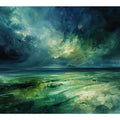 Moody green abstract landscape canvas art with stormy sky for modern living room decor.