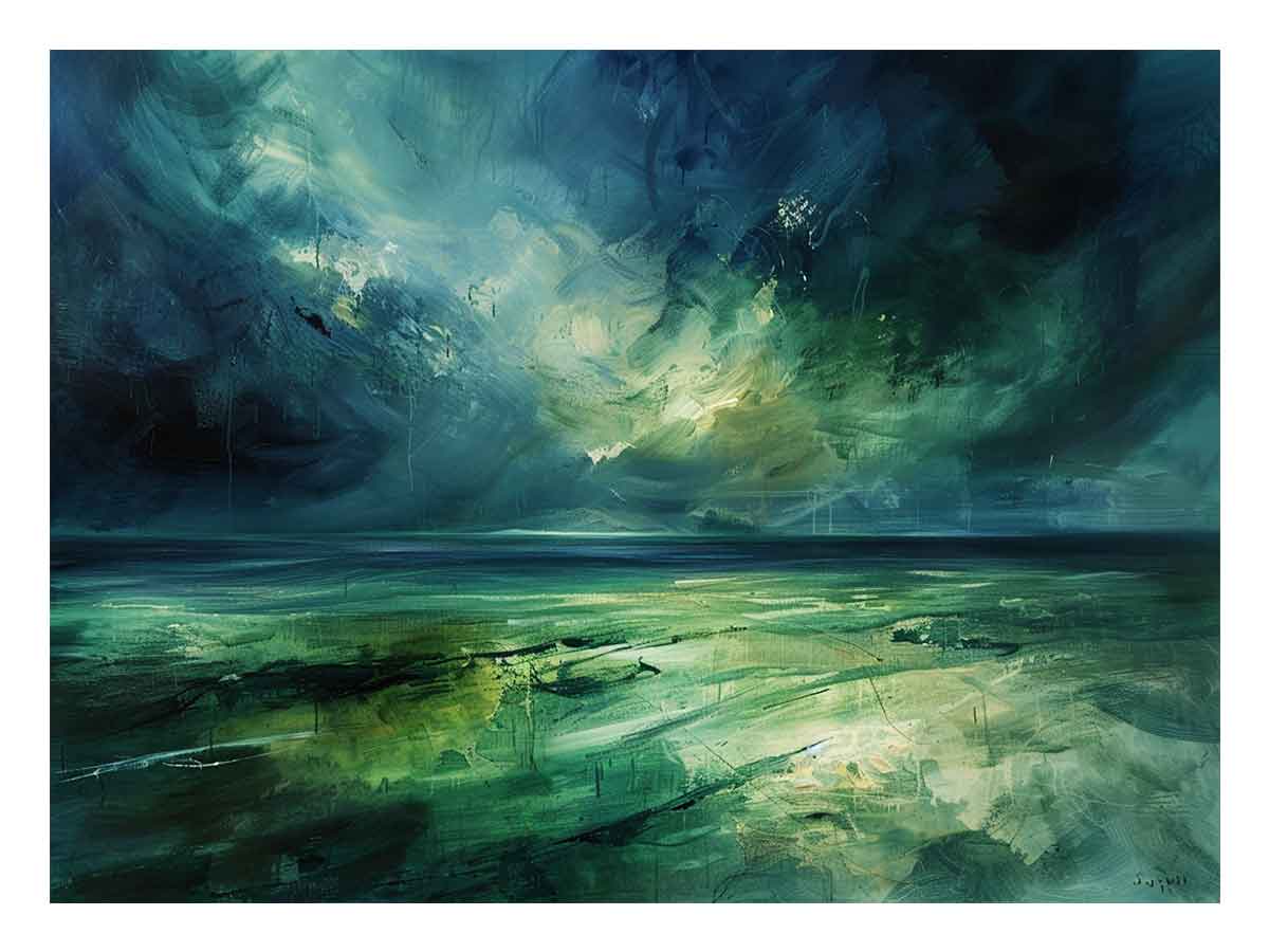 Moody green abstract landscape canvas art with stormy sky for modern living room decor.