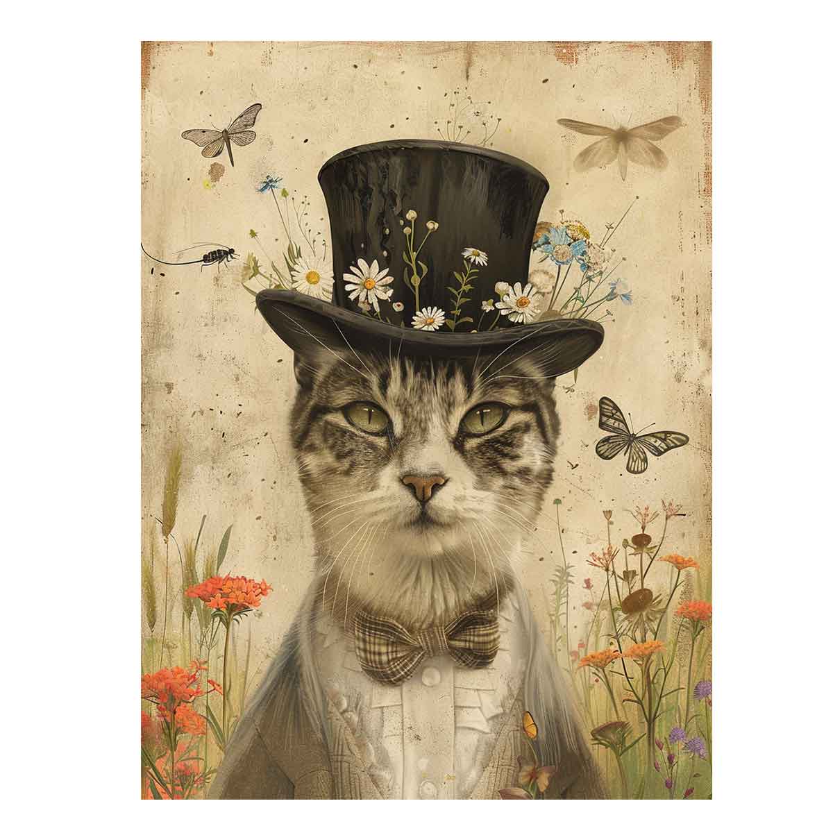 Vintage cat portrait with top hat and wildflowers for whimsical living room wall decor.