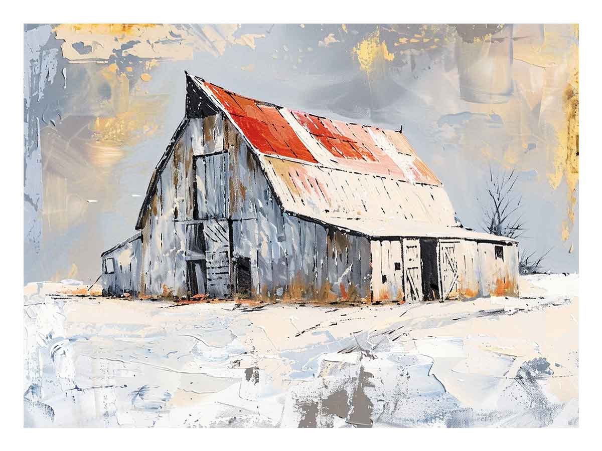 Rustic winter barn canvas art for farmhouse living room and country home decor.