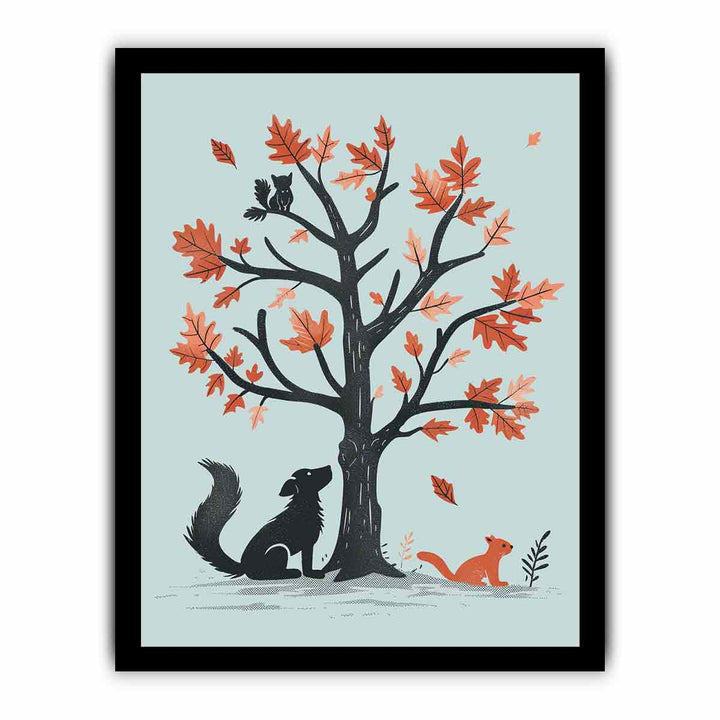 oak tree & animals Art framed Print