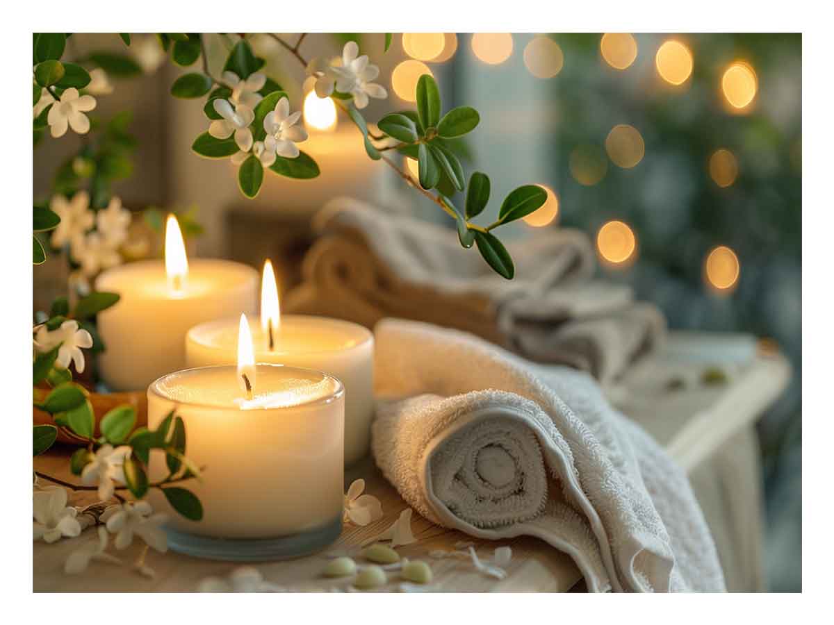 Candle and floral spa photography for calming bedroom decor