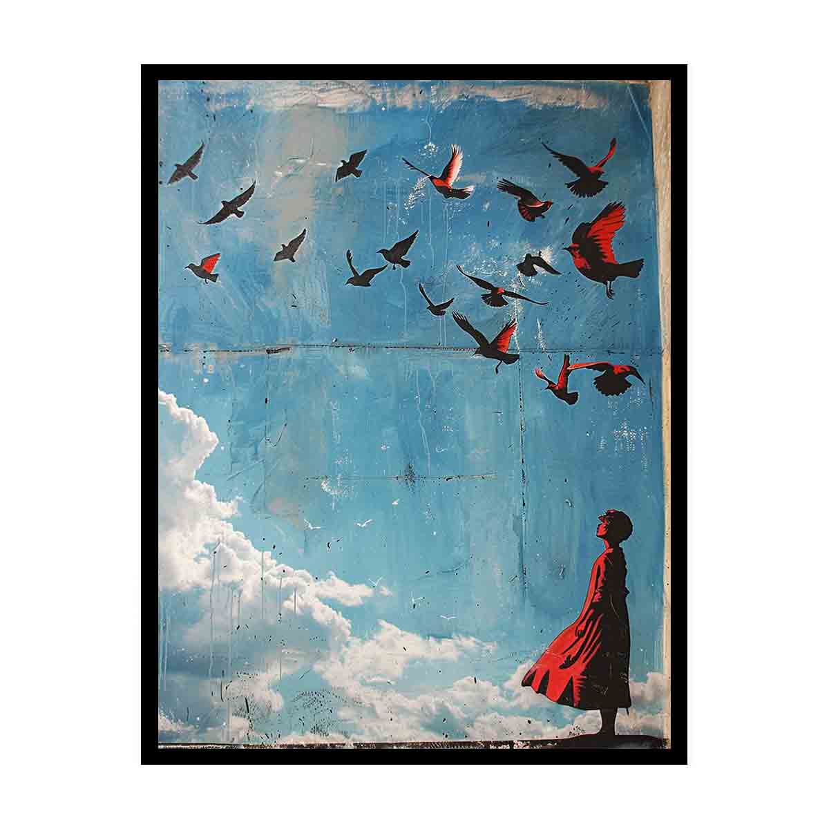 Surreal blue sky bird canvas art with red figure for modern living room decor.