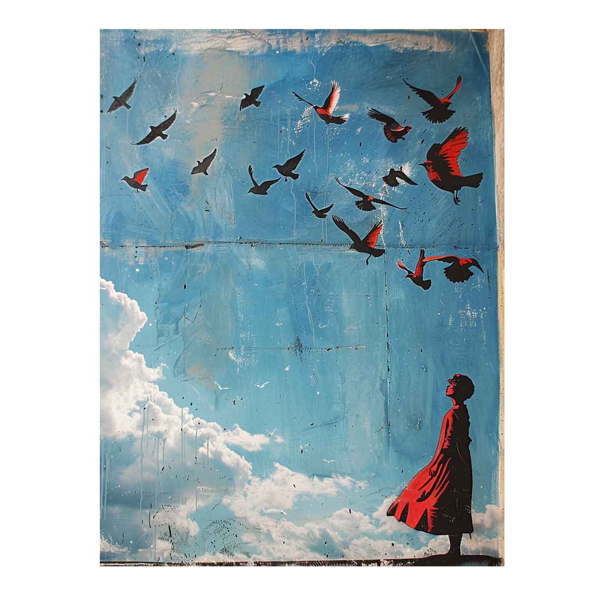 Surreal blue sky bird canvas art with red figure for modern living room decor.