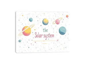 Cute solar system canvas art with planets, stars, and playful lettering for kids room.
