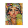 Tropical woman portrait canvas art with lime drink for colorful kitchen or home bar decor.