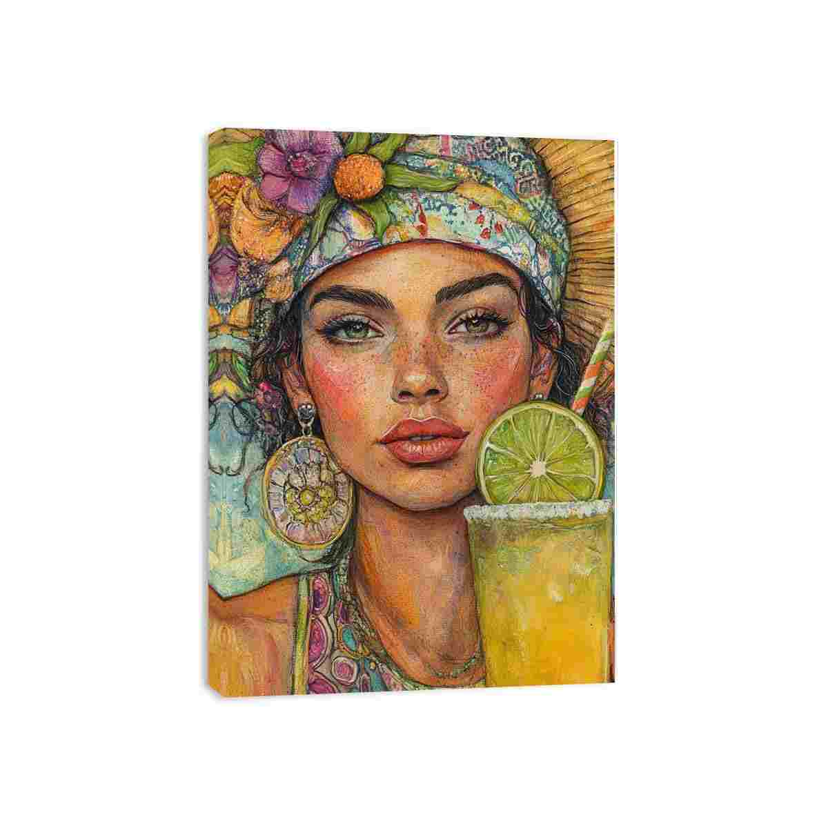 Tropical woman portrait canvas art with lime drink for colorful kitchen or home bar decor.