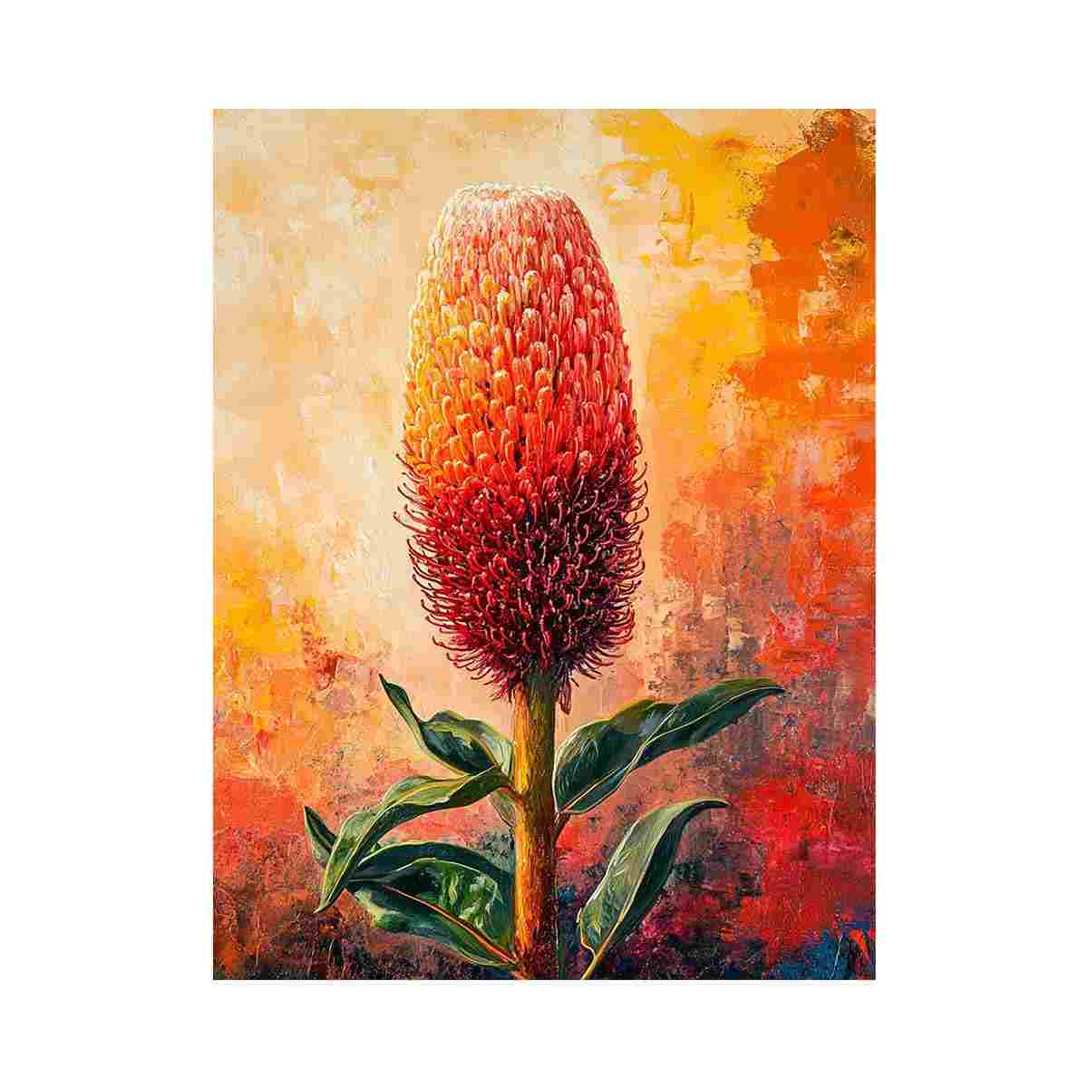 Bold banksia flower canvas art for warm living room decor.