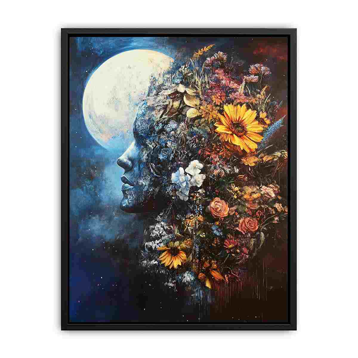 Moonlit floral portrait canvas art for dramatic bedroom decor.