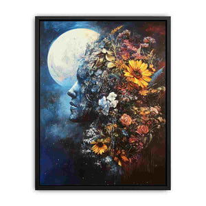 Moonlit floral portrait canvas art for dramatic bedroom decor.