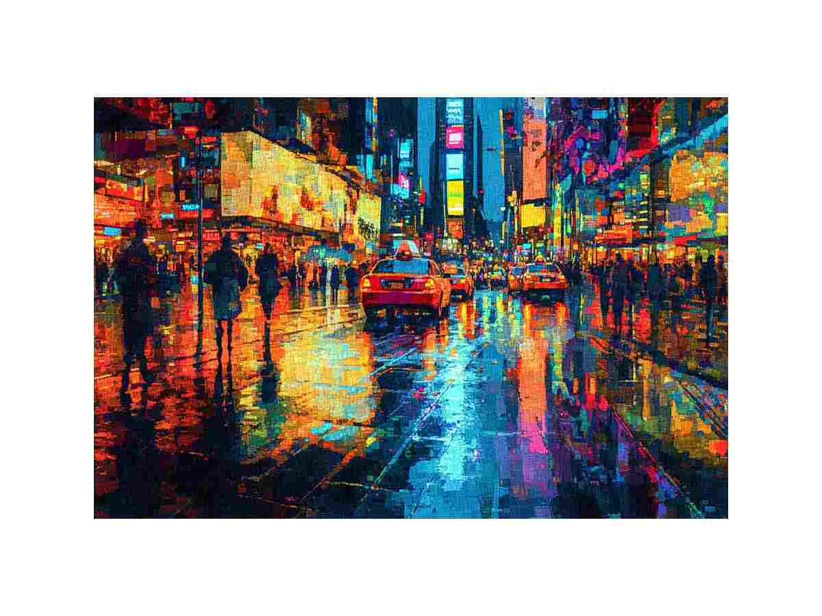 Vibrant neon city taxi canvas art for modern living room decor.