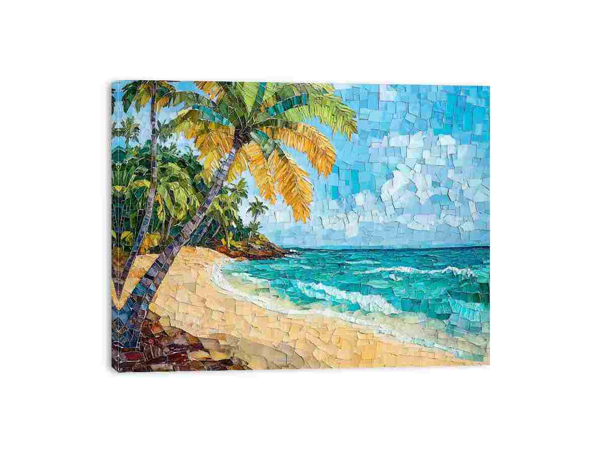 Coastal palm beach mosaic canvas art for relaxed living room decor.
