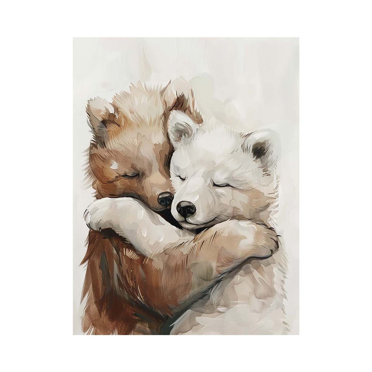 Soft cuddling fox watercolor wall art for nursery decor.