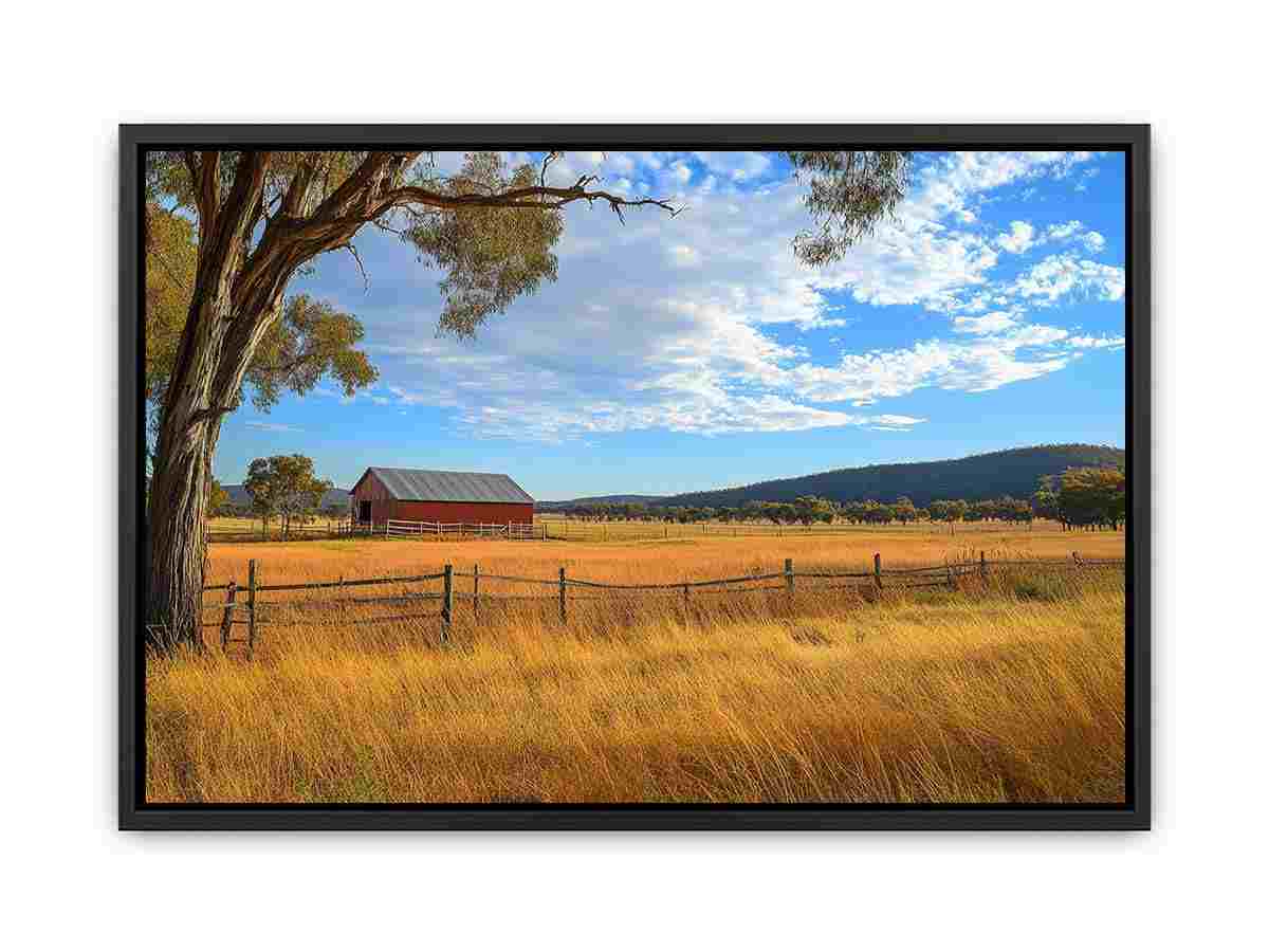 Red barn country landscape canvas art for rustic farmhouse living room decor.