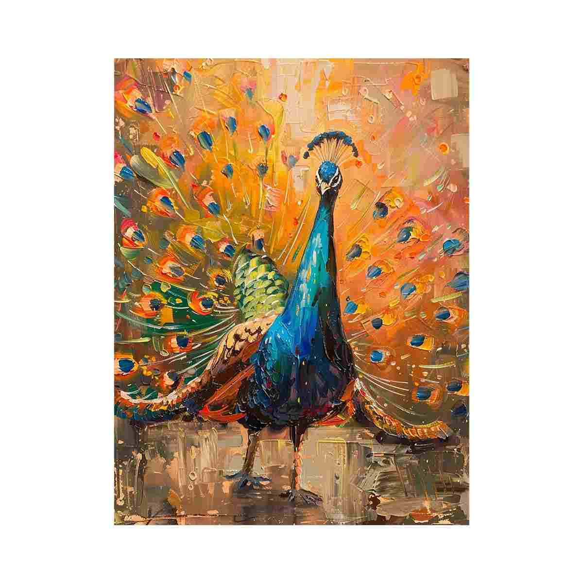 Bold peacock canvas art with teal and gold feathers for luxury living room decor.