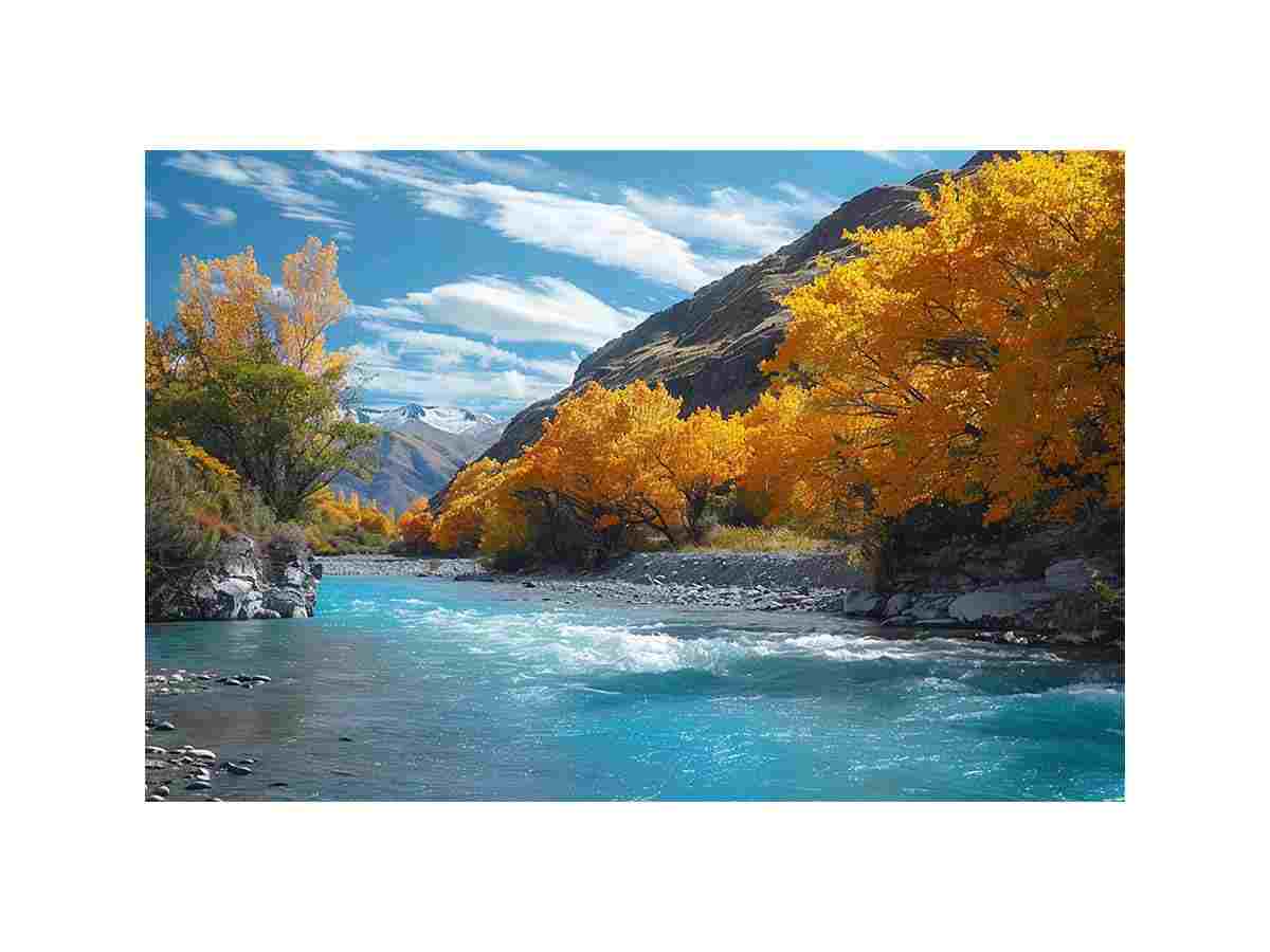 Autumn river mountain landscape canvas art for modern living room decor.