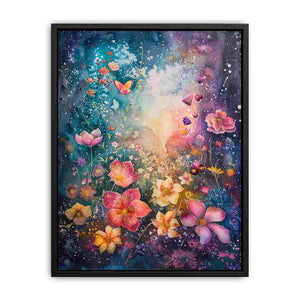 Colourful dreamy floral butterfly canvas art for whimsical bedroom decor.