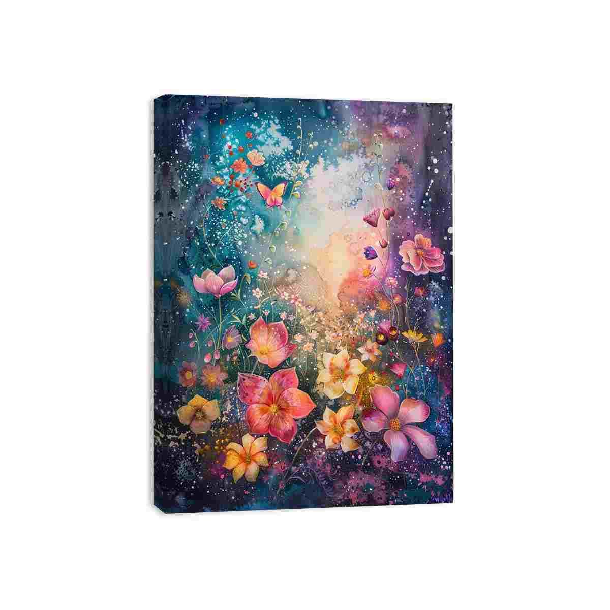 Colourful dreamy floral butterfly canvas art for whimsical bedroom decor.