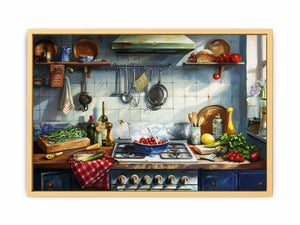 Rustic Mediterranean kitchen still life with tomatoes and utensils for kitchen decor.