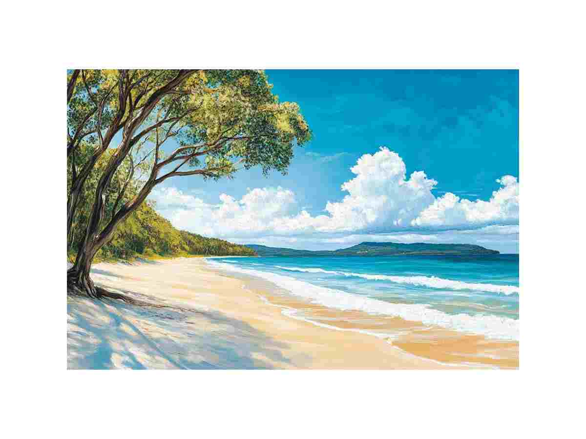 Coastal beach canvas art with turquoise ocean for relaxed living room decor.
