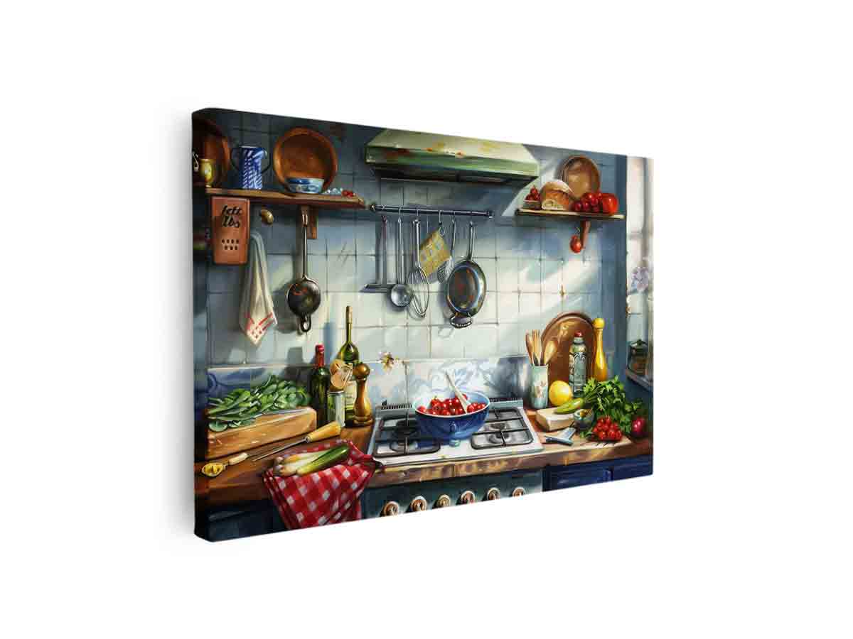 Rustic Mediterranean kitchen still life with tomatoes and utensils for kitchen decor.