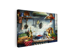 Rustic Mediterranean kitchen still life with tomatoes and utensils for kitchen decor.