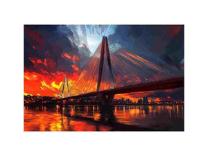 Dramatic bridge skyline canvas art with fiery reflections for modern office decor.