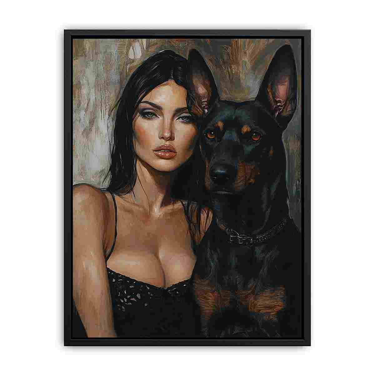 Woman and Doberman portrait canvas art for luxury living room decor.