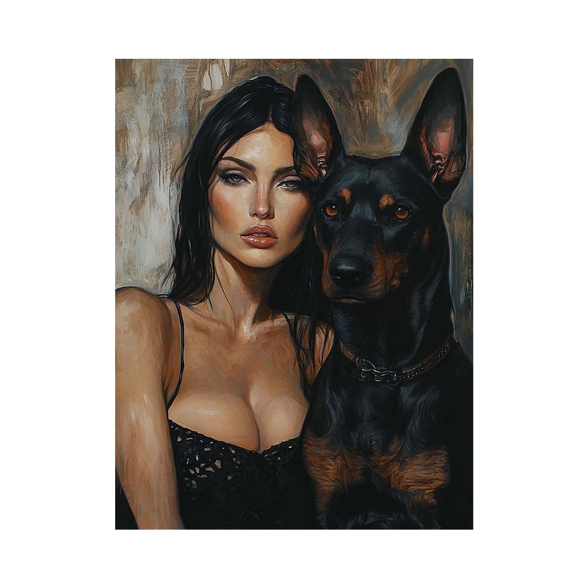 Woman and Doberman portrait canvas art for luxury living room decor.