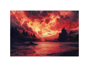 Red fantasy landscape wall art with fiery sky and mountains for statement decor.