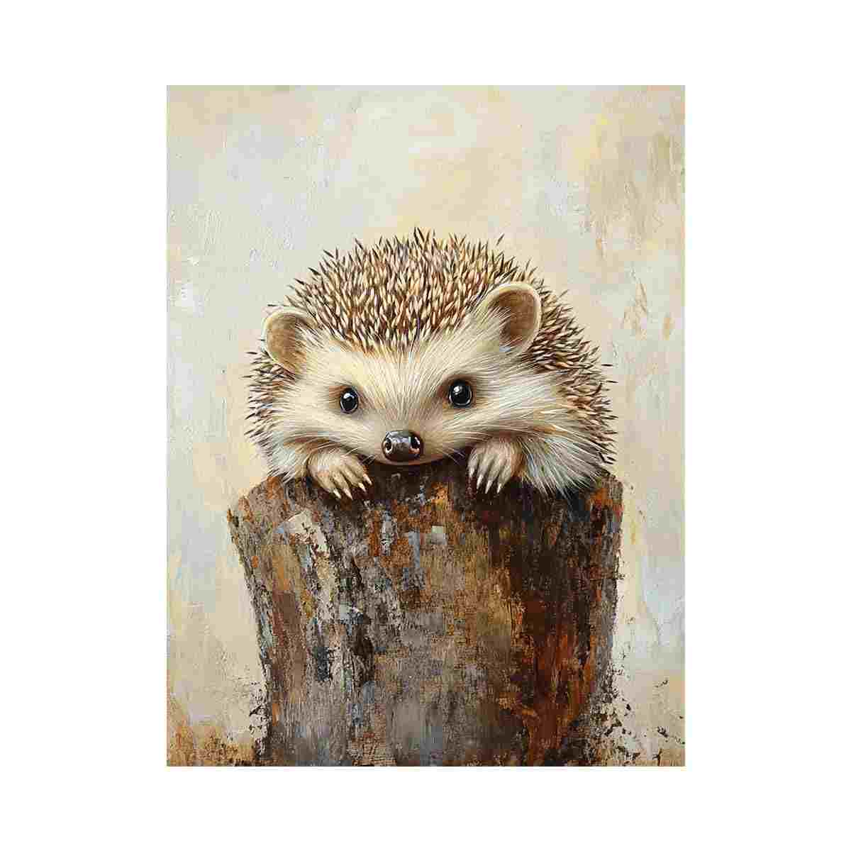 Cute hedgehog canvas art with rustic woodland texture for nursery or bedroom decor.