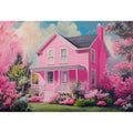Pink cottage canvas art with blooming garden for playful bedroom or living room decor.